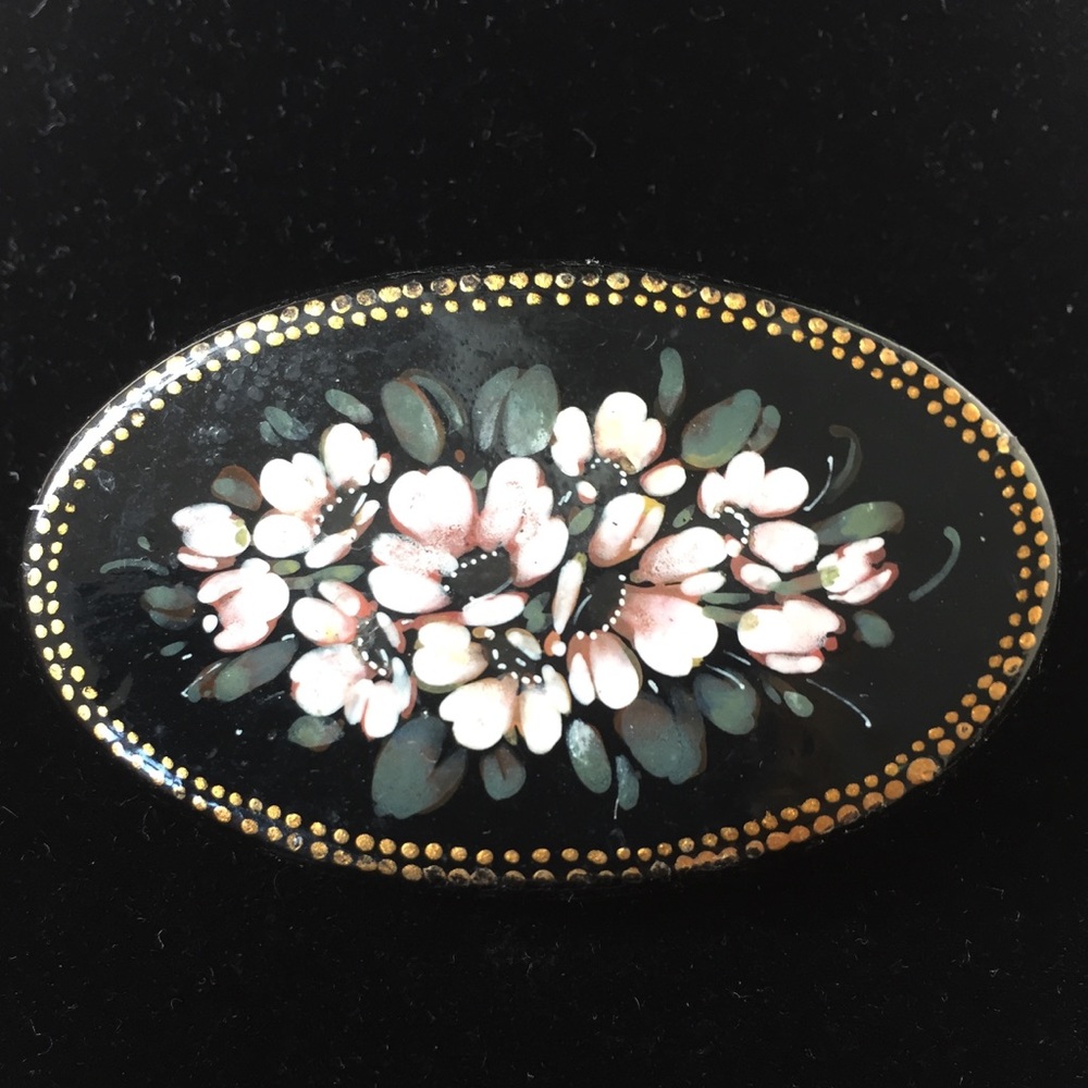 Vintage Russian Tole Hand Painted &Signed Wood Pin